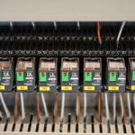 Close-up view of electrical relays in an industrial panel box showcasing circuit components.